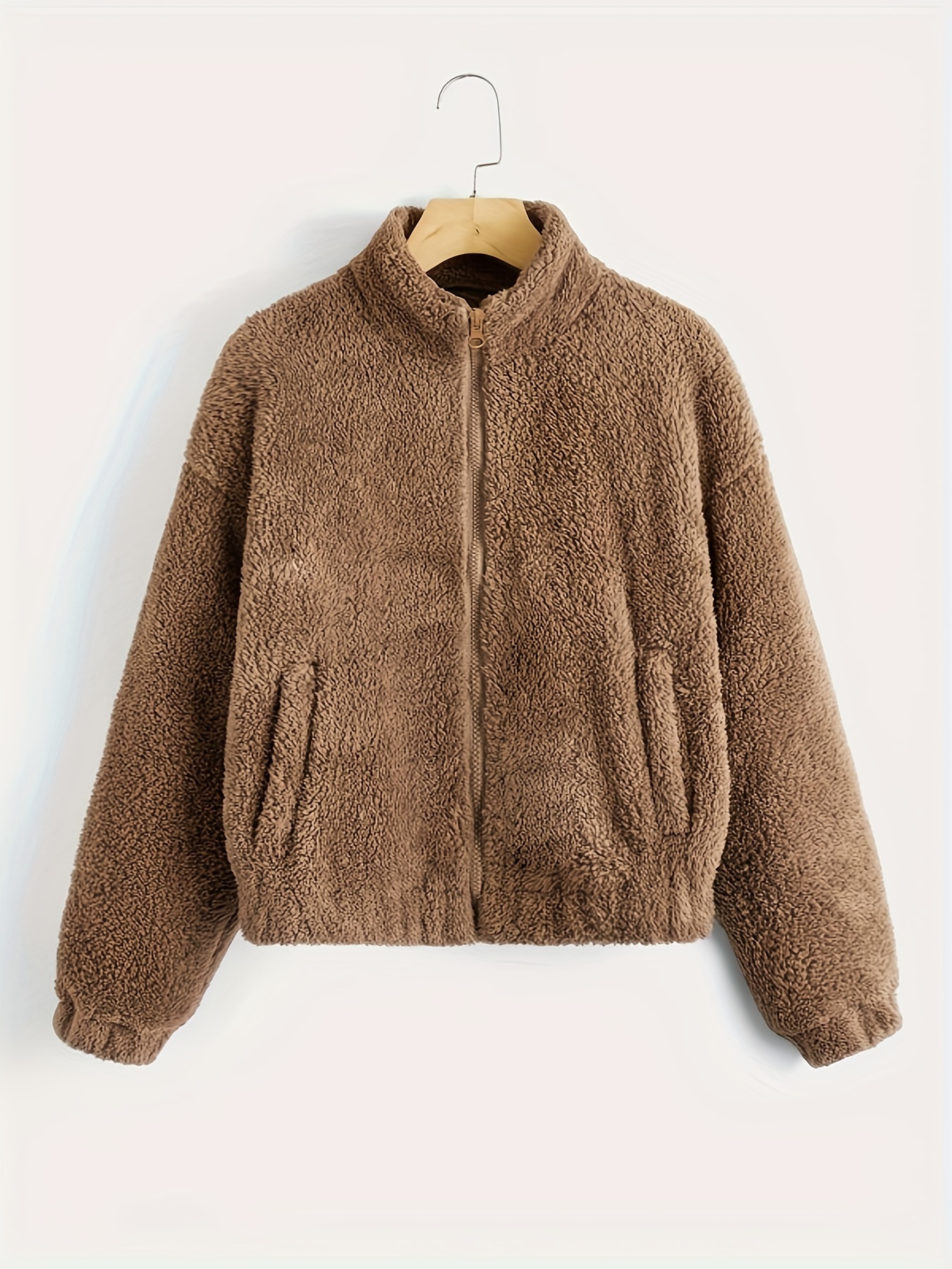 zip up solid teddy jacket casual simple winter warm outerwear womens clothing details 6