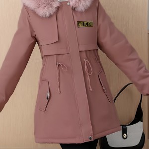 Fluffy Trim Hooded Warm Coat, Casual Zip Up Long Sleeve Winter Outerwear, Women's Clothing