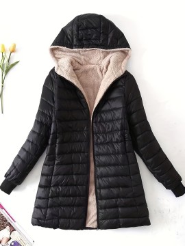 Zip Up Solid Hooded Coat, Casual Long Sleeve Winter Warm Outerwear, Women's Clothing