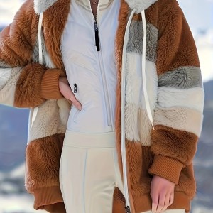 Color Block Hooded Teddy Coat, Casual Zip Up Long Sleeve Winter Warm Outerwear, Women's Clothing