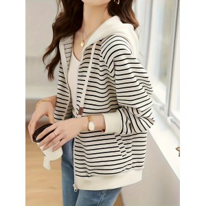 Striped Print Hooded Jacket, Casual Drawtring Zip Up Long Sleeve Outerwear, Women's Clothing
