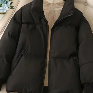 Solid Zip Front Coat, Casual Stand Collar Long Sleeve Fall & Winter Warm Outerwear, Women's Clothing