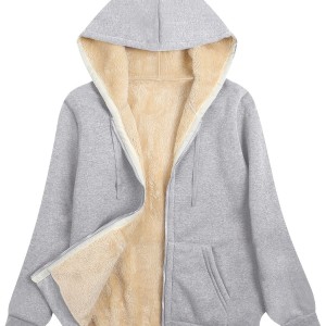 Fuzzy Hooded Jacket, Casual Zip Up Drawstring Long Sleeve Solid Outerwear, Women's Clothing