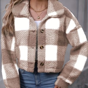 Plaid Teddy Coat, Casual Button Front Long Sleeve Winter Warm Outerwear, Women's Clothing