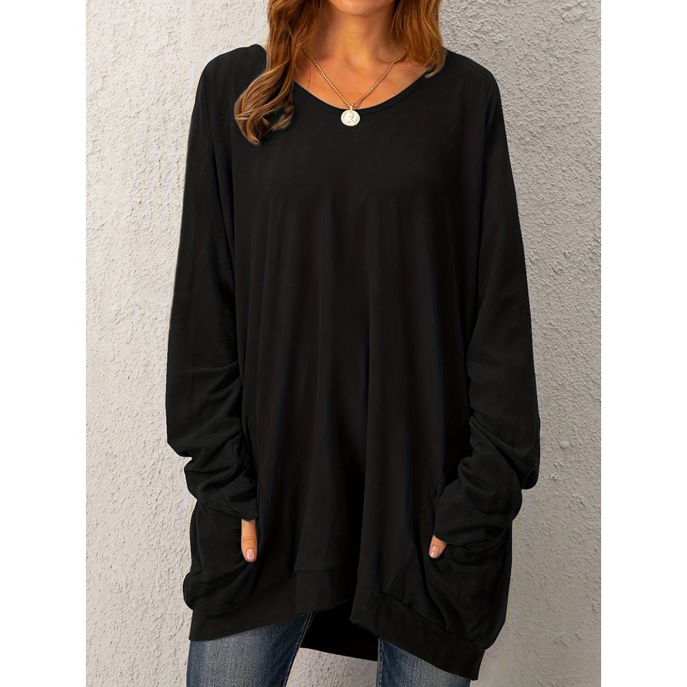 Solid Pocket Crew Neck T-Shirt, Casual Long Sleeve Top For Spring & Fall, Women's Clothing