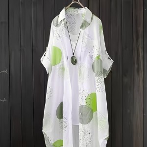 Allover Print Button Front Blouse, Casual Long Sleeve Thigh Length Blouse For Spring & Fall, Women's Clothing