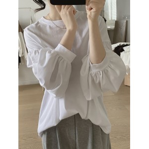 Solid Crew Neck T-Shirt, Casual Lantern Sleeve Top For Spring & Fall, Women's Clothing