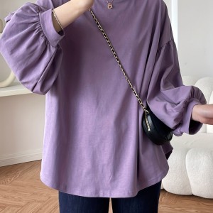 Solid Crew Neck T-Shirt, Casual Lantern Sleeve Top For Spring & Fall, Women's Clothing