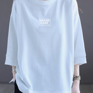 Letter Print Simple T-shirt, Casual Drop Shoulder 3/4 Sleeve Crew Neck T-shirt, Women's Clothing