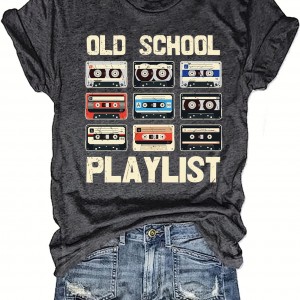 Tape & Letter Print Crew Neck T-Shirt, Casual Short Sleeve T-Shirt For Spring & Summer, Women's Clothing