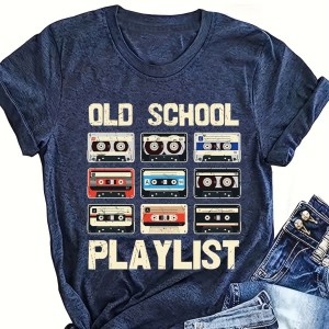 Tape & Letter Print Crew Neck T-Shirt, Casual Short Sleeve T-Shirt For Spring & Summer, Women's Clothing