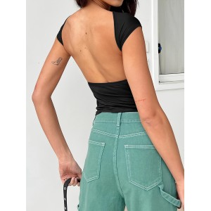 Y2K Solid Backless T-shirt, Sexy Cap Sleeve Crew Neck Slim Versatile T-shirt, Women's Clothing