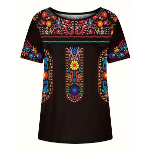Boho Floral Print T-shirt, Ethnic Crew Neck Short Sleeve Summer T-shirt, Women's Clothing