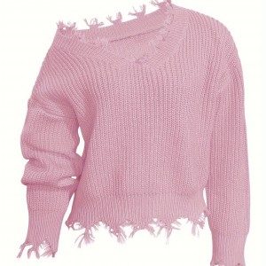 Solid Slant Shoulder Pullover Sweater, Distressed Ripped Raw Hem Long Sleeve Sweater, Women's Clothing