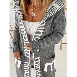Letter Print Waterfall Collar Knit Cardigan, Casual Hooded Long Sleeve Sweater With Pockets, Women's Clothing