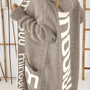 Letter Print Waterfall Collar Knit Cardigan, Casual Hooded Long Sleeve Sweater With Pockets, Women's Clothing