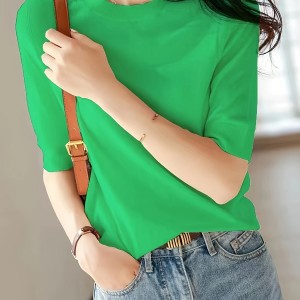 Half Sleeve Knit Swearter, Casual Crew Neck Solid Sweater For Spring & Summer, Women's Clothing