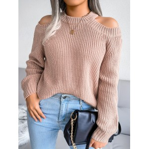 Solid Color Crew Neck Cold Shoulder Knitted Tops, Casual Everyday Pullover Sweaters, Women's Clothing