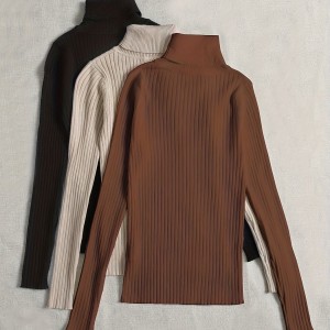 Solid Turtle Neck Rib Knit Sweater 3 Pack, Elegant Long Sleeve Slim Versatile Sweater, Women's Clothing