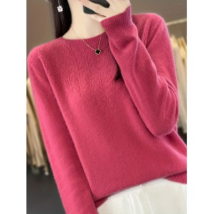 Solid Crew Neck Wool Sweater, Casual Long Sleeve Cozy Basic Sweater, Women's Clothing