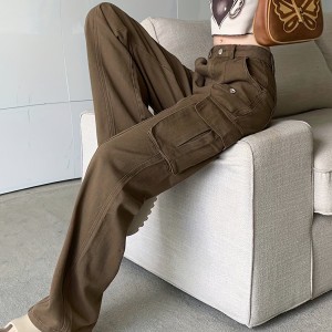 Plain Flap Pockets Cargo Pants, Non-Stretch Loose Fit High Waist Y2K & Kpop Style Straight Jeans, Women's Denim Jeans & Clothing