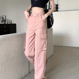 Plain Flap Pockets Cargo Pants, Non-Stretch Loose Fit High Waist Y2K & Kpop Style Straight Jeans, Women's Denim Jeans & Clothing