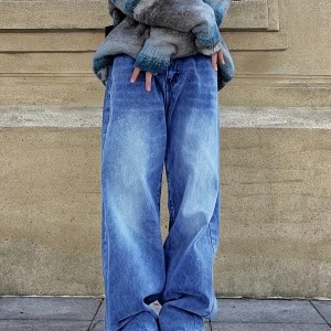 Plain Wide Legs Straight Jeans, Loose Fit Slash Pockets High-Stretch Denim Pants, Women's Denim Jeans & Clothing
