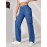 Blue Flap Pockets Cargo Pants, Loose Fit High Waist Y2K & Kpop Style Straight Jeans, Women's Denim Jeans & Clothing