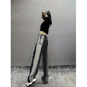 Contrast Color Casual Baggy Jeans, Loose Fit Non-Stretch Washed Wide Legs Jeans, Women's Denim Jeans & Clothing