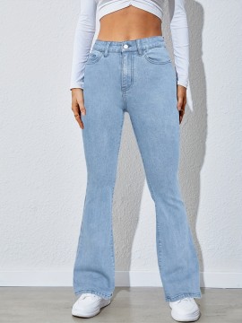 High Waist High Strech Light Blue Bootcut Jeans, Zipper Button Closure Flare Leg Causal Denim Pants, Women's Denim Jeans & Clothing